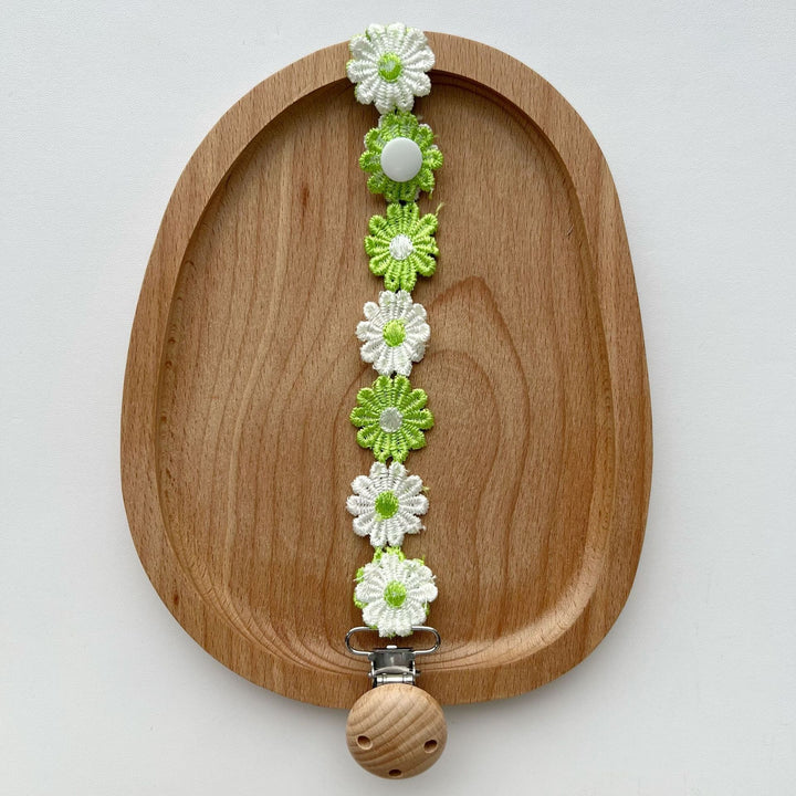 Handmade Crochet Daisy Pacifier Clip with Wooden Safety Clamp