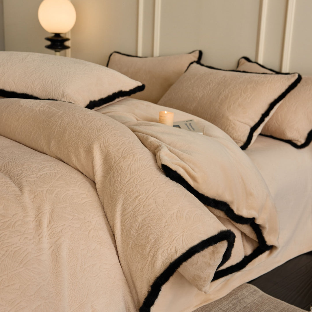 Luxury bed linen set made of cotton velvet with matelassé quilting and faux fur trim