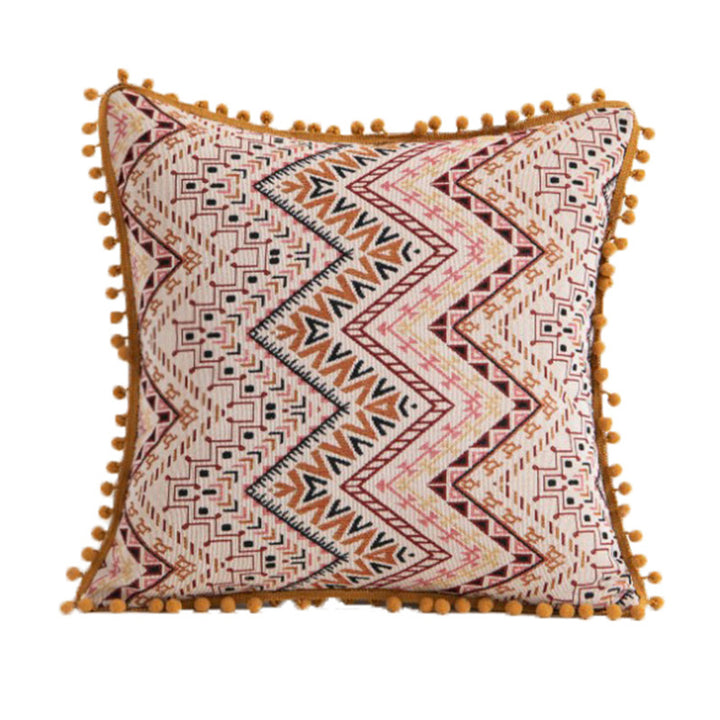 Decorative Bohemian Patchwork Tapestry Throw Pillow Cover with Pom-Pom Tassel Trim