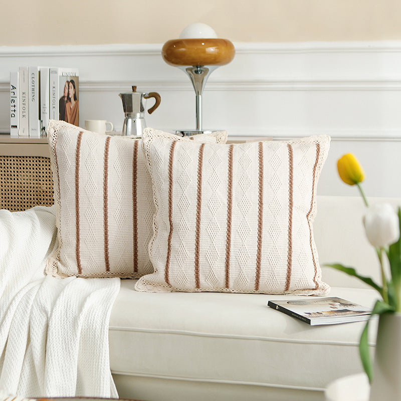 Knitted cushion cover with vertical texture rib and crochet border