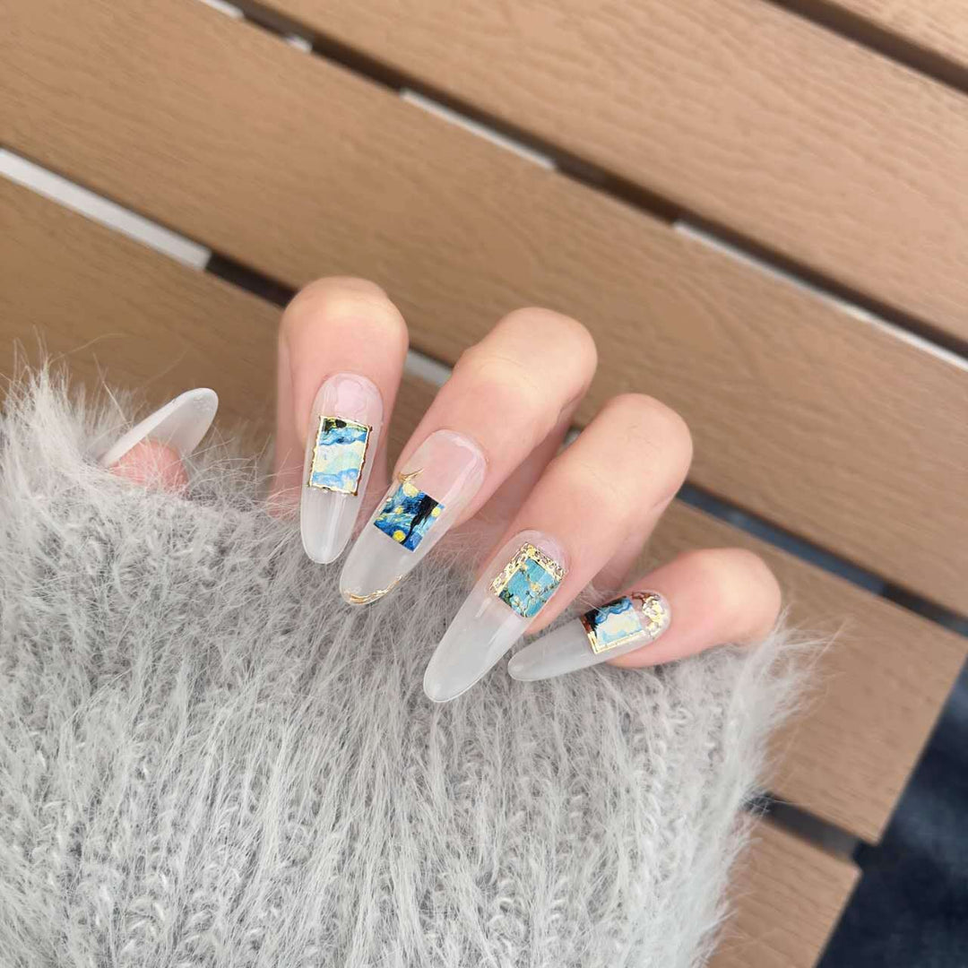Artistic Press-On Nail Set with Floral and Scenic Designs