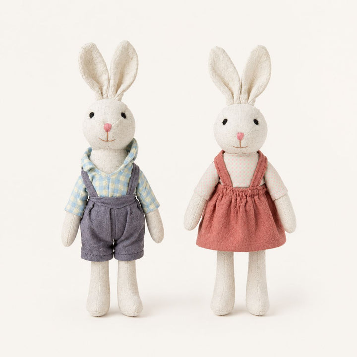 Handmade Rustic Linen Bunny Doll with Long Limbs and Checked Cotton Shirt