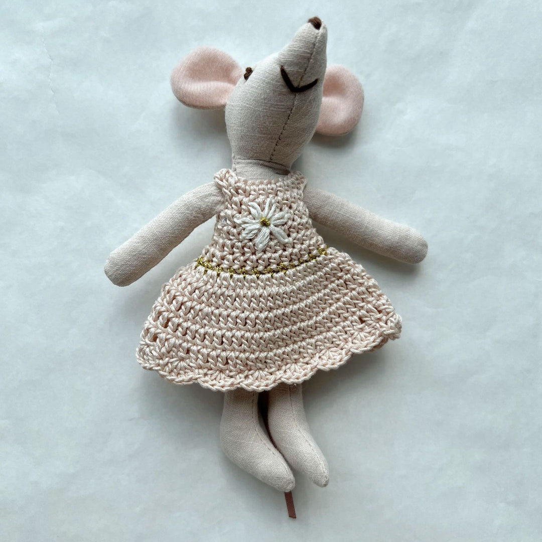Handcrafted Linen Cotton Mouse Doll with Crochet Dress and Embroidered Flower