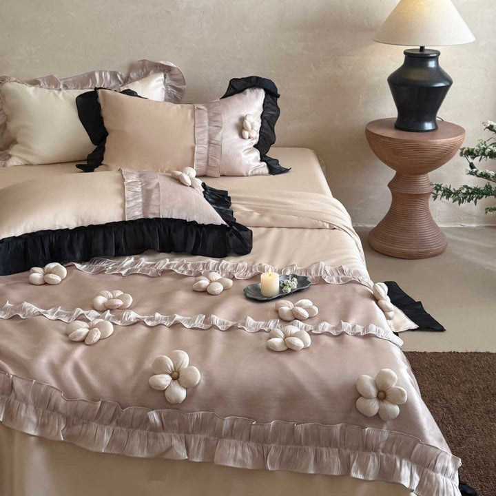 Premium duvet cover set with artistically crafted flowers, pleated ruffle and silky-matt finish