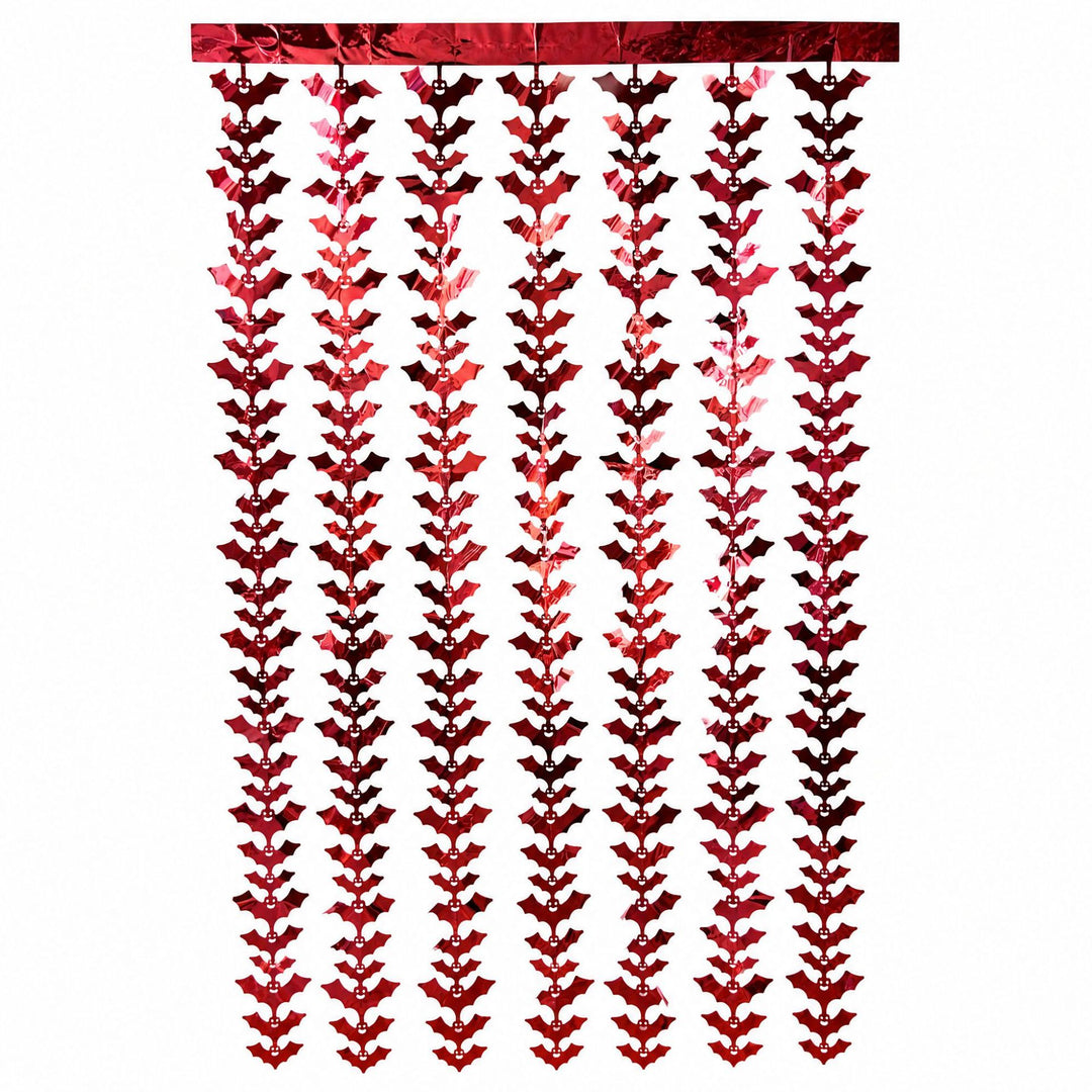 Hanging Halloween curtain made of metallic foil strips with bat silhouettes