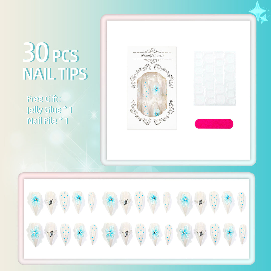 Decorative Press-On Nail Set with Floral and Gemstone Designs