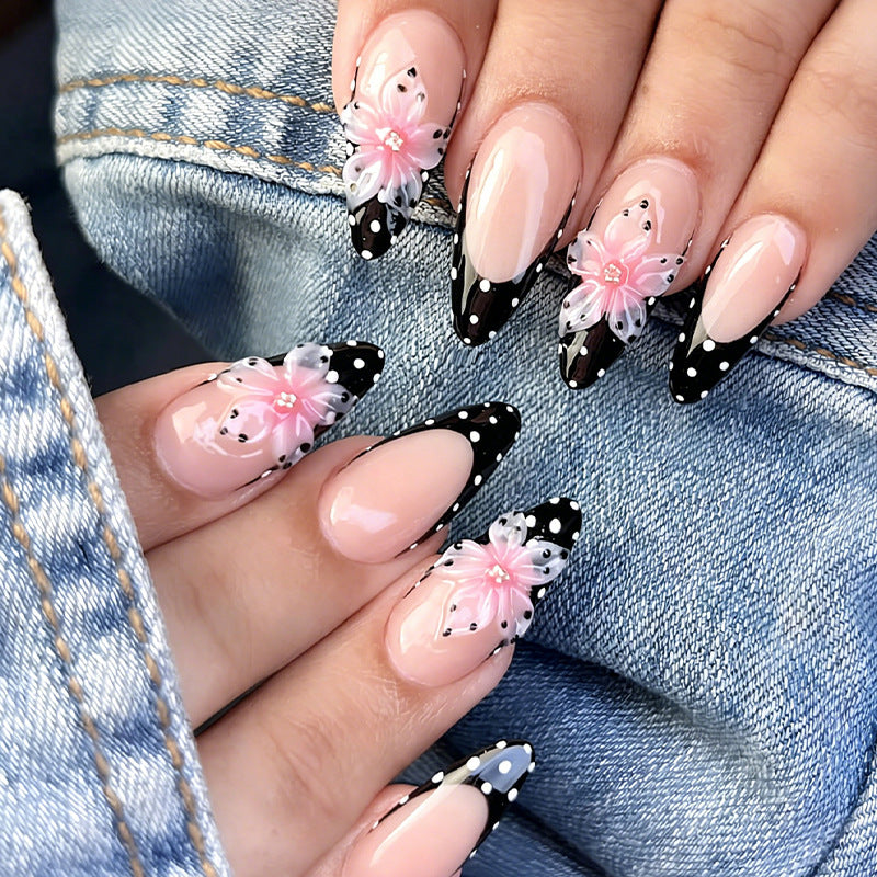Artificial nail set with elegant 3D flowers and stylish dots Kalsten