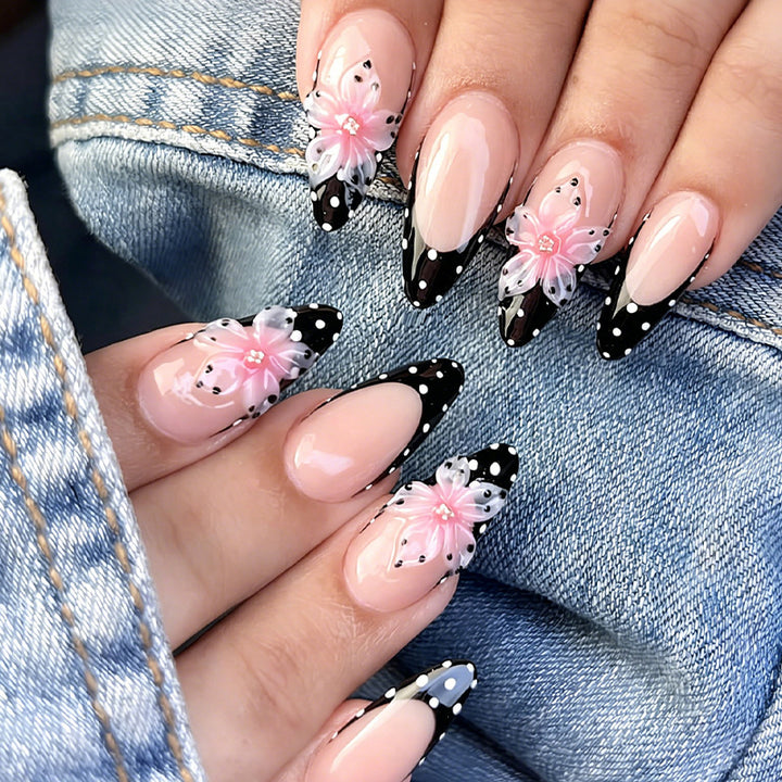 Artificial nail set with elegant 3D flowers and stylish dots Kalsten