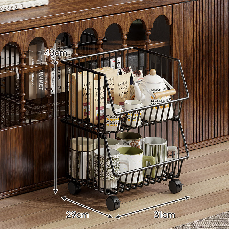 Four-Tier Tall Rolling Wire Pantry and Mug Storage Cart with Deep Slanted Baskets