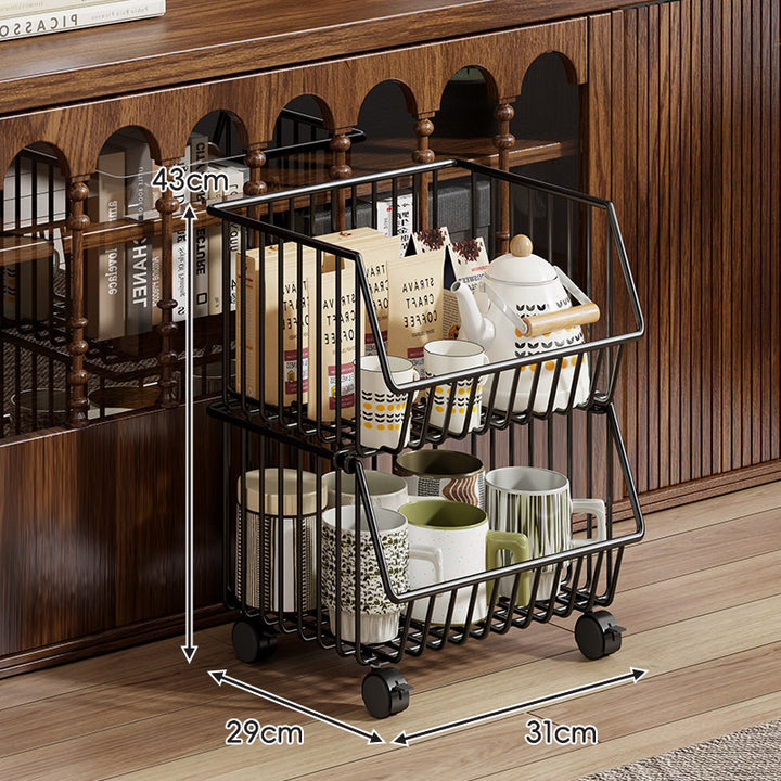 Four-Tier Tall Rolling Wire Pantry and Mug Storage Cart with Deep Slanted Baskets