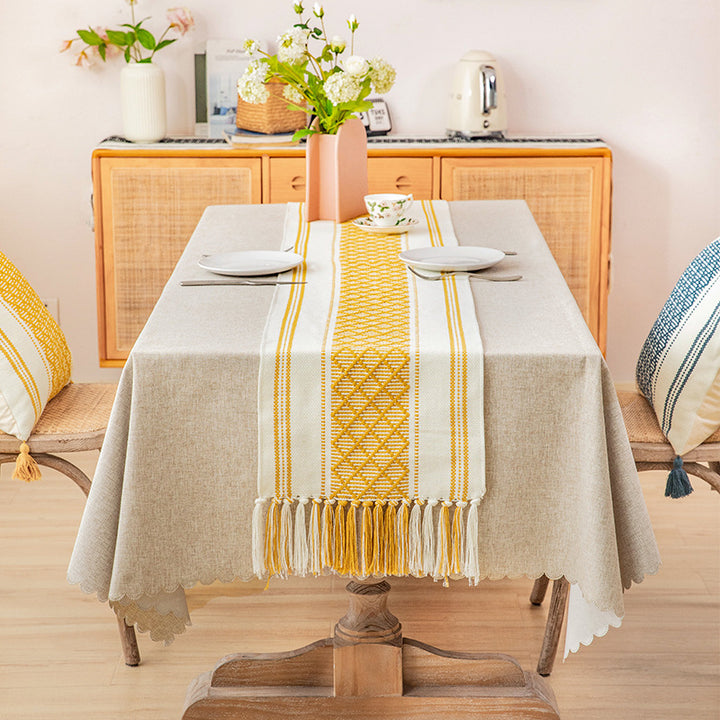 Handwoven cotton table runner with ethnic diamond pattern and fringes Kalsten
