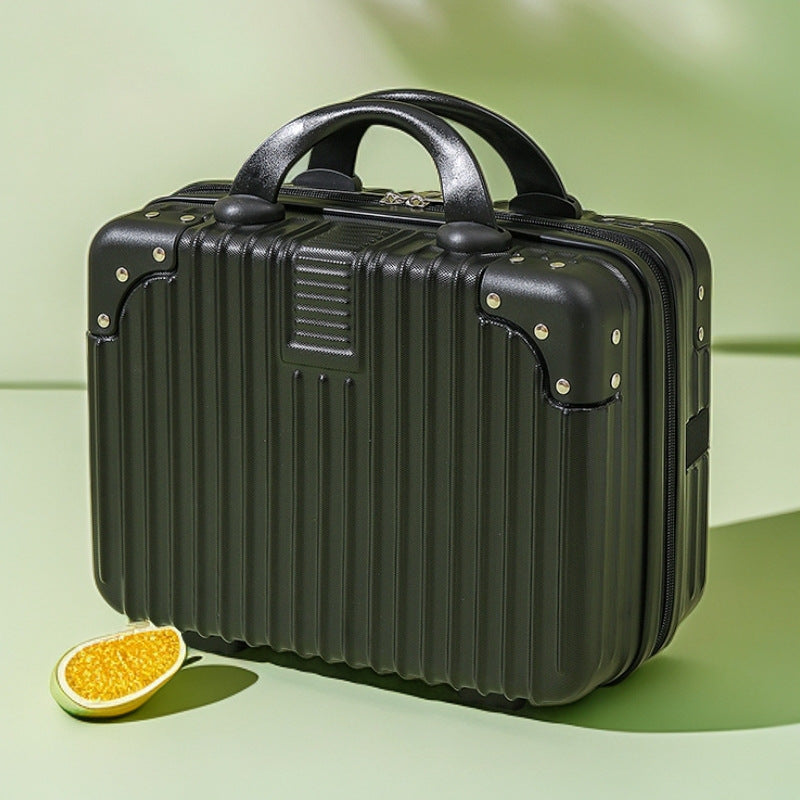 structured hard-shell vanity travel case with faux-leather corner reinforcements and dual top handles Kalsten