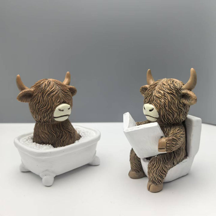 Funny decorative figure of a Highland cow in a bathtub Kalsten