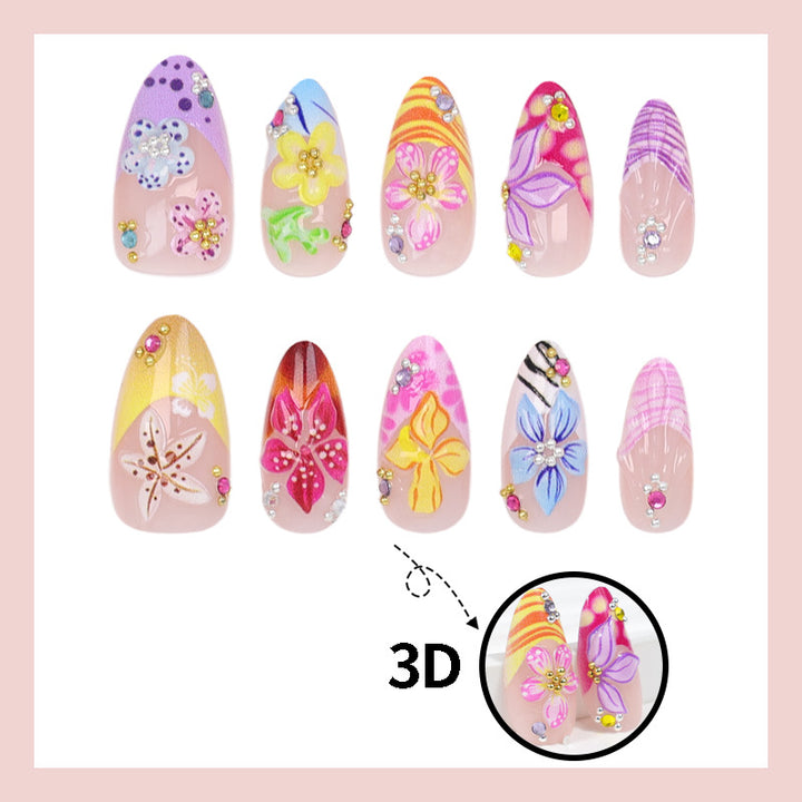 Acrylic nail set with floral 3D decorations Kalsten