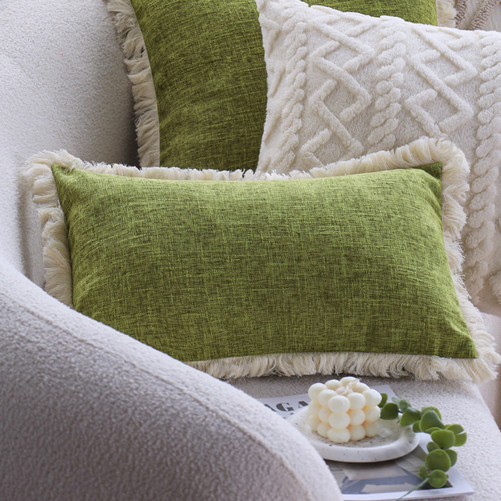 Rectangular cushion cover with woven linen look and decorative fringed edge Kalsten