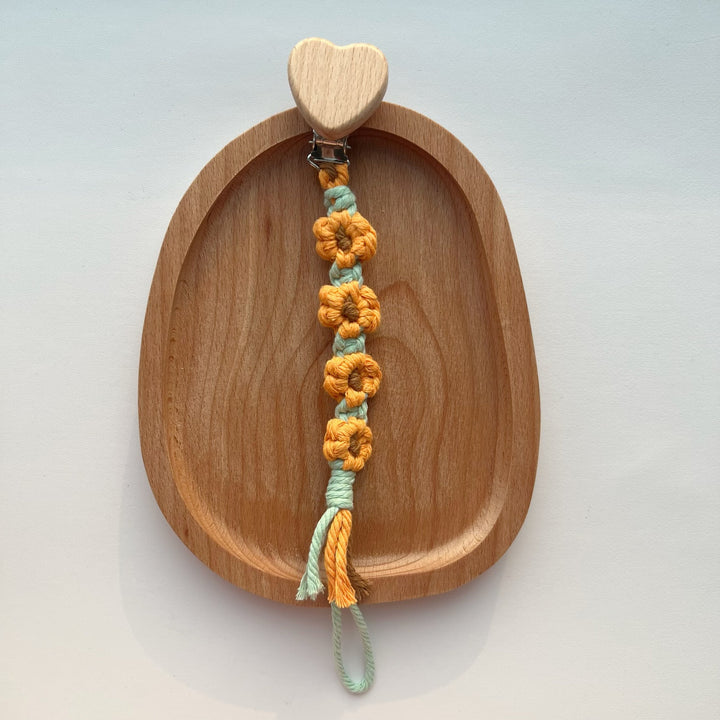 Cotton Crochet Floral Pacifier and Teether Clip with Wooden Heart Safety Clip