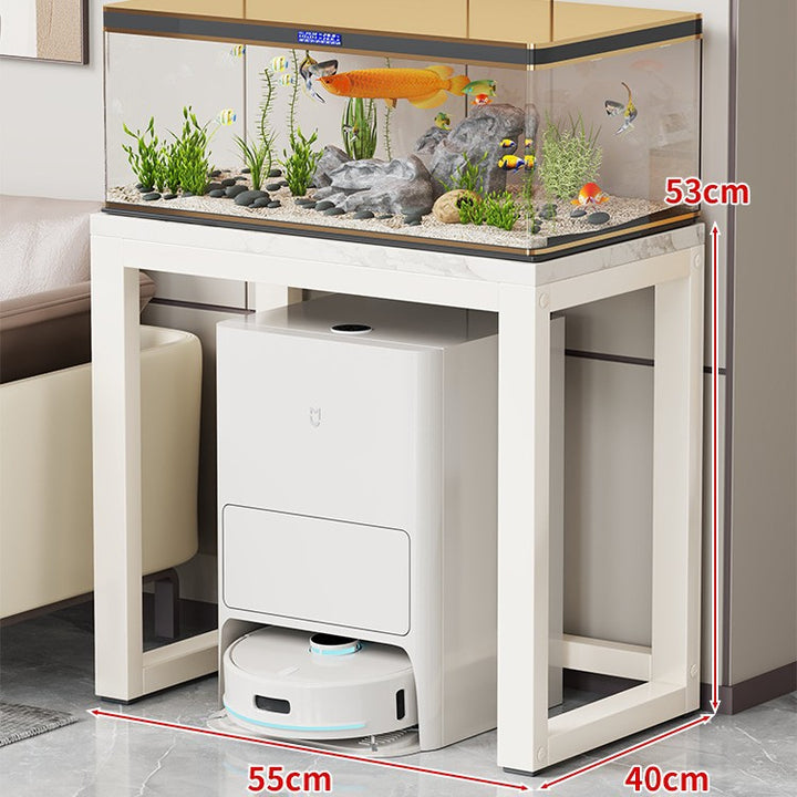 Gold Metal Aquarium Console Table with Faux Marble Top and Robot Vacuum Storage