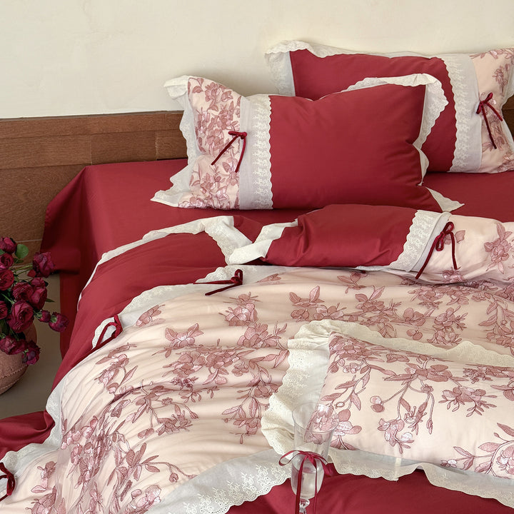 Romantic Cotton Bedding Set with Floral Embroidery, Lace Border and Decorative Ribbons