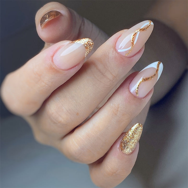 Elegant Press-On Nail Set with Glitter and Gold Swirl Accents Kalsten