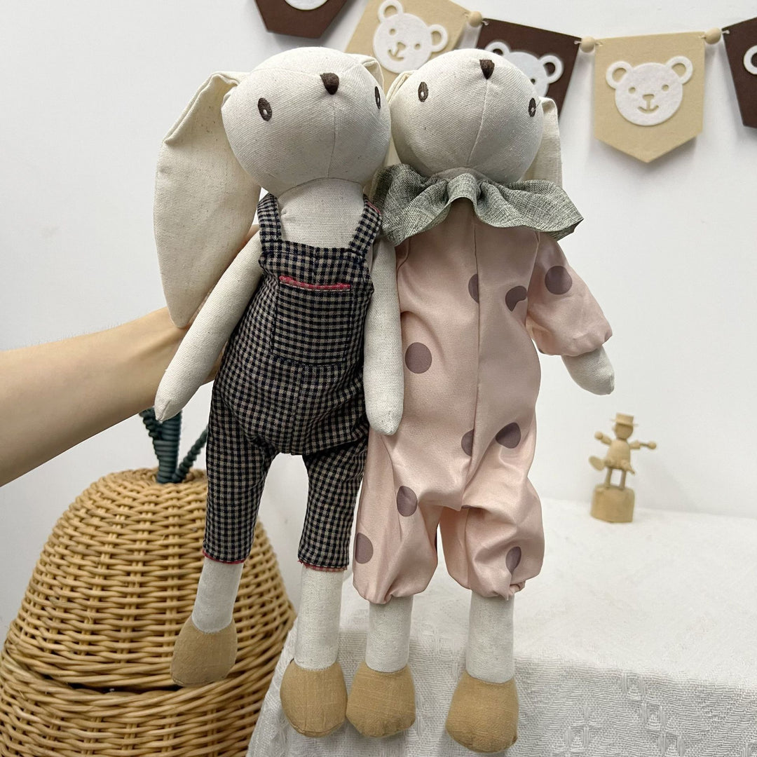 Handmade Linen Bunny Doll with Long Ears and Gingham Overalls