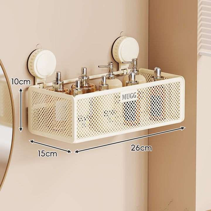 Wall-Mounted Suction Mesh Bathroom Organizer Shelf with Multi-Hook Rack