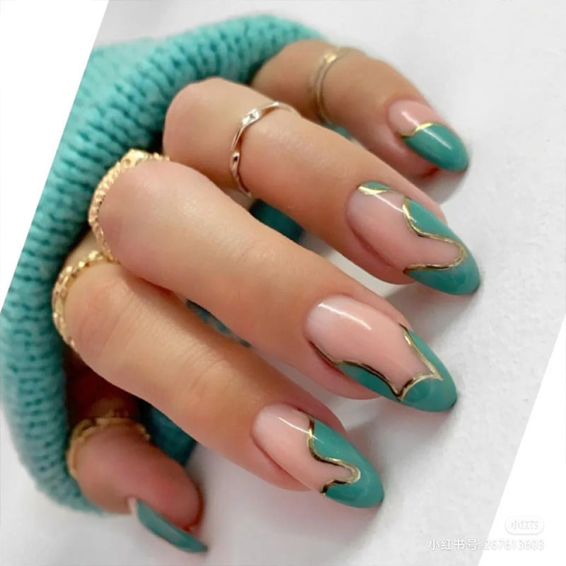 Artistic Press-On Nail Set with Unique Wave Design and Gold Accents Kalsten