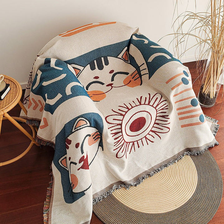 Graphic Jacquard Woven Fringe Throw Blanket With Cartoon Pop-Art Pattern
