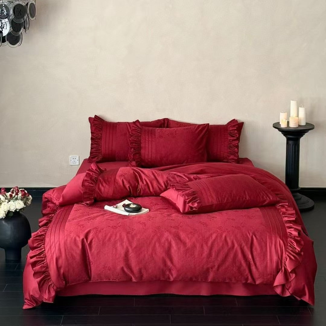 Bedding set with frill and fine jacquard texture
