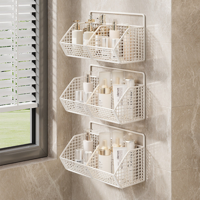 Wall-Mounted Dual-Tier Grid Mesh Bathroom Shower Caddy with Drainable Baskets