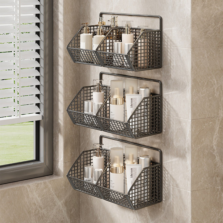 Wall-Mounted Dual-Tier Grid Mesh Bathroom Shower Caddy with Drainable Baskets