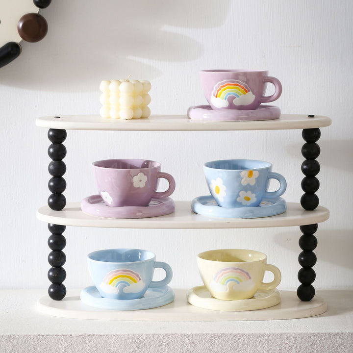 Pastel Design Ceramic Mug Set with Saucer and Raised Rainbow Relief