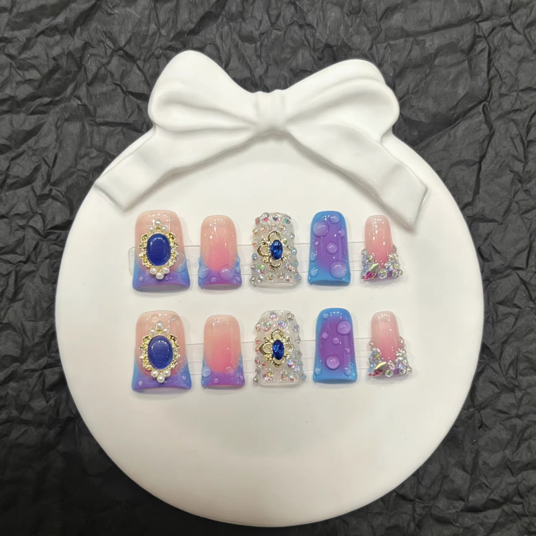 Artistic Premium Press-On Nail Set with Decorative Gem Accents