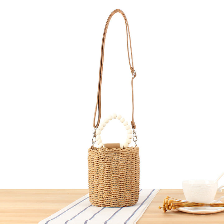 Basket bag with wooden handles and removable shoulder strap Kalsten