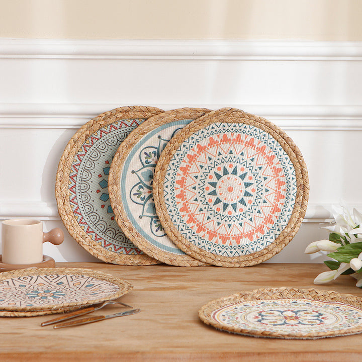 Beef seat pouf with mandala print, woven surface and braided jute edge