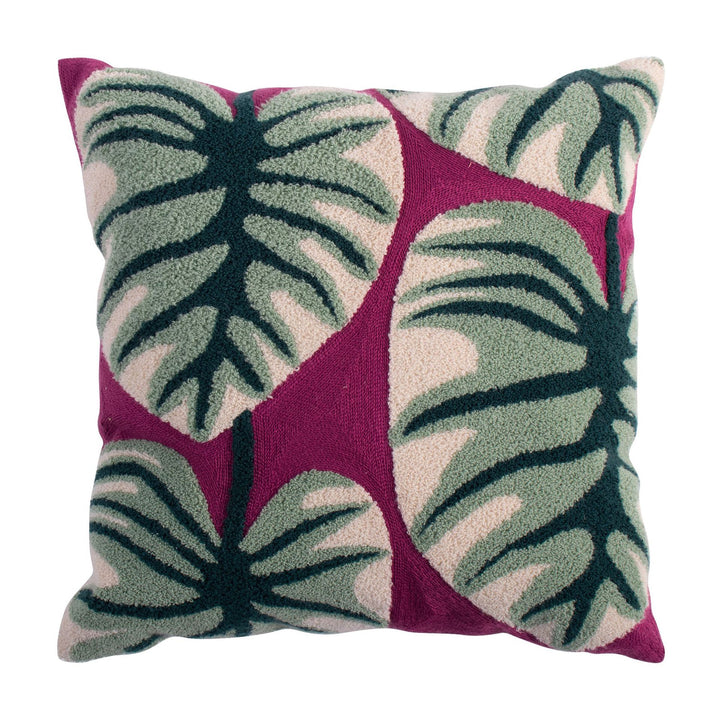 Woven decorative pillow cover with hand-tufted floral appliqués and bouclé relief