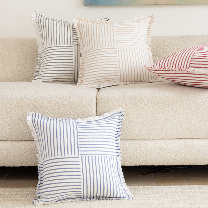Decorative Rectangular Striped Patchwork Throw Pillow with Fringed Edges