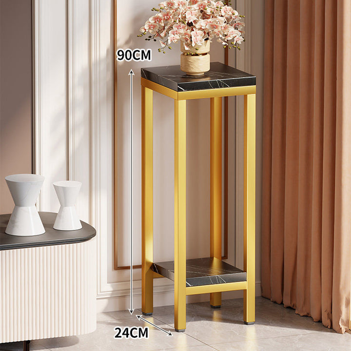 Tall Narrow Marble-Top Plant Stand Side Table with Lower Shelf and Gold Metal Frame