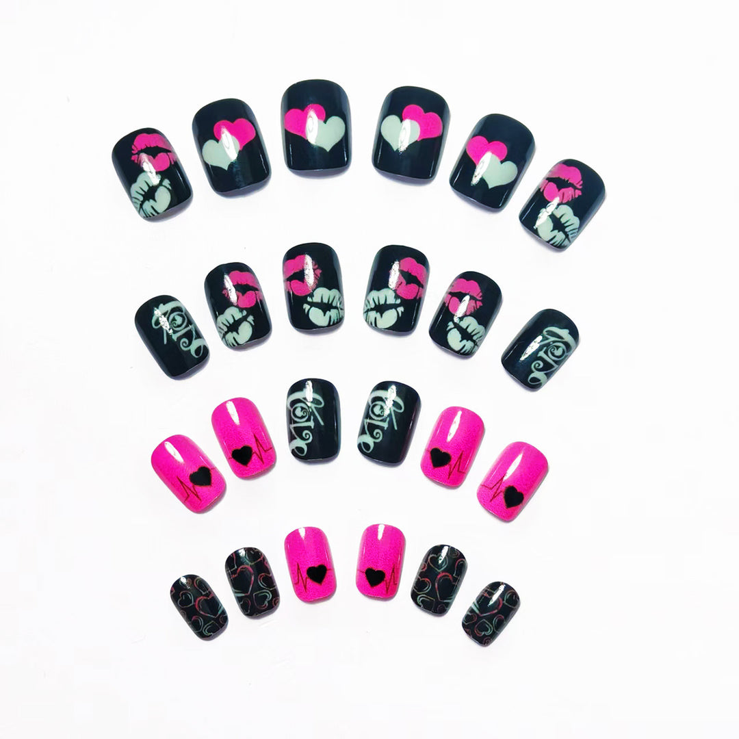 Acrylic nail design with hearts and kiss motifs Kalsten