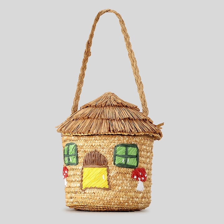 Rustic House-Shaped Straw Handbag