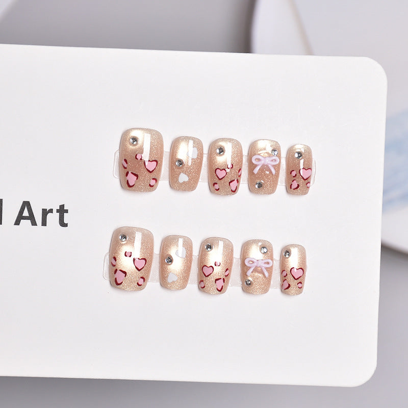 Artistic Press-On Nail Set with Heart and Bow Designs Kalsten