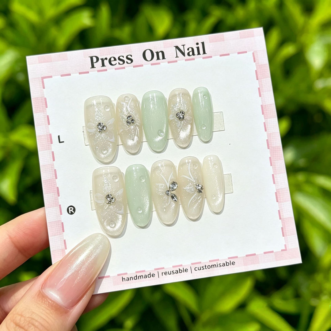 Artistic Press-On Nails Set with Gem Accents
