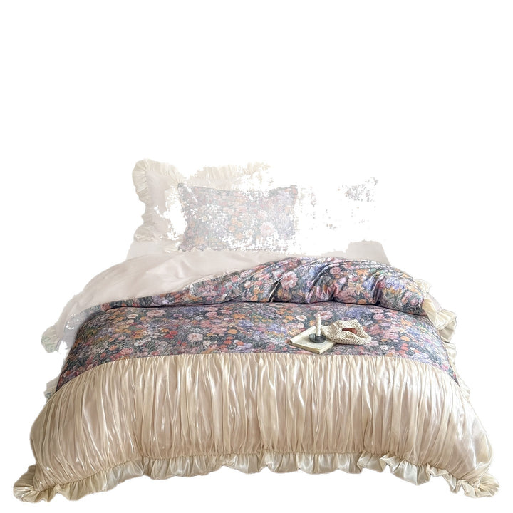 Romantic bedding set with floral center panel and pleated satin ruffle