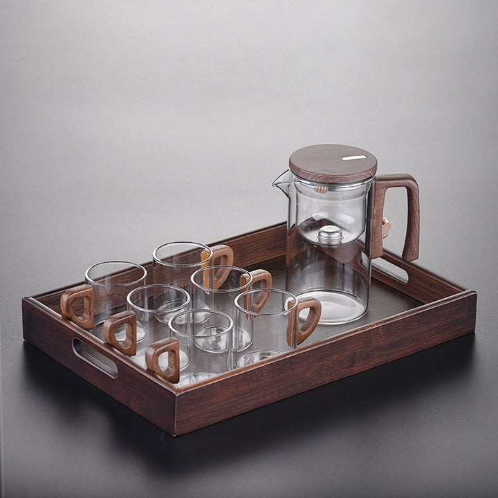 Artisan Glass Tea Set With Wooden Handle Pitcher And Serving Tray