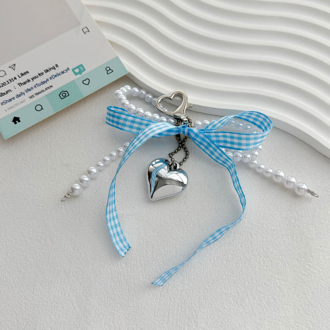 Heart-Shaped Charm Keychain with Pearls and Bow Kalsten