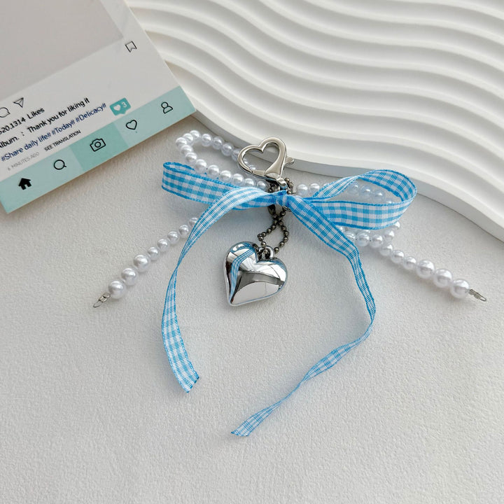 Heart-Shaped Charm Keychain with Pearls and Bow Kalsten