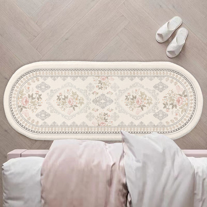 Oval Low-Pile Kitchen Runner Rug with Vintage Distressed Floral Jacquard and Non-Slip Backing