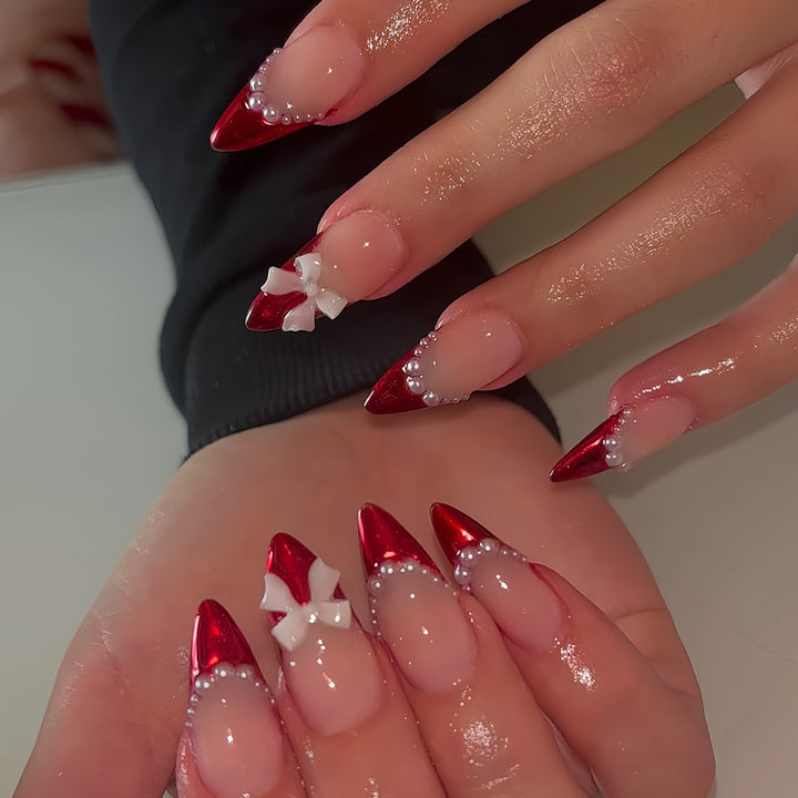 Decorative Stiletto Press-On Nails with Pearls and Bow Accents Kalsten