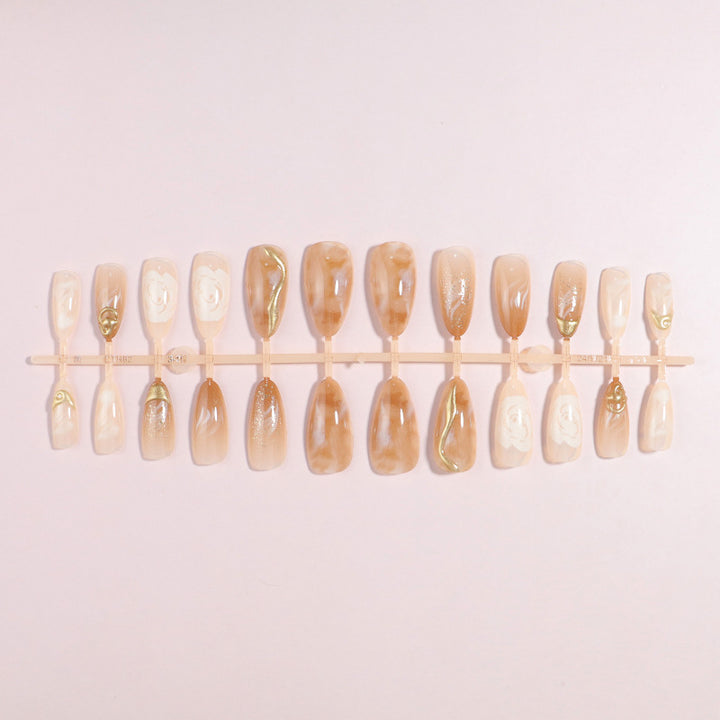 Artistic Press-On Nail Set with Gold and Floral Accents Kalsten