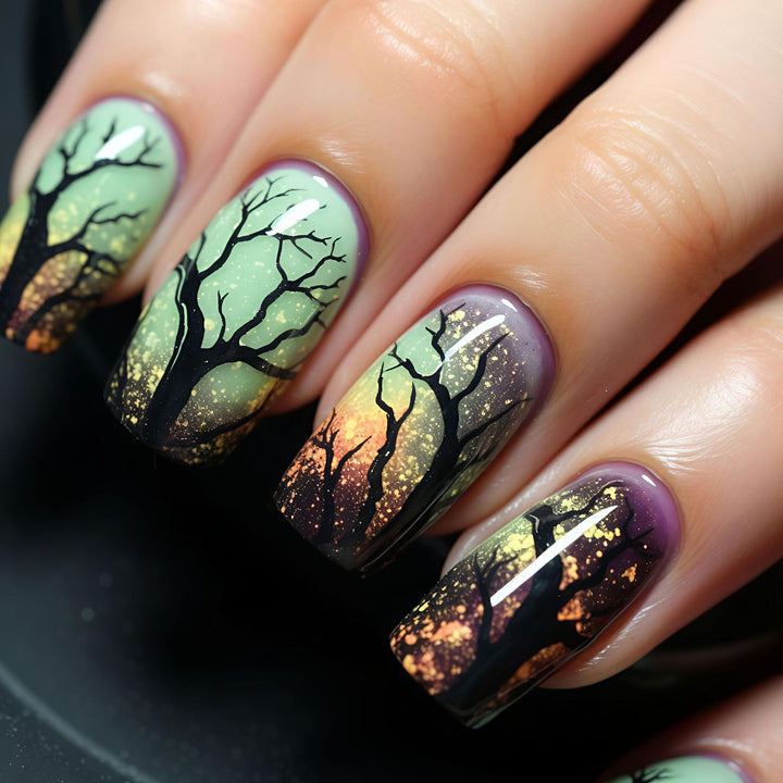 Artificial nails with fascinating tree silhouette design Kalsten