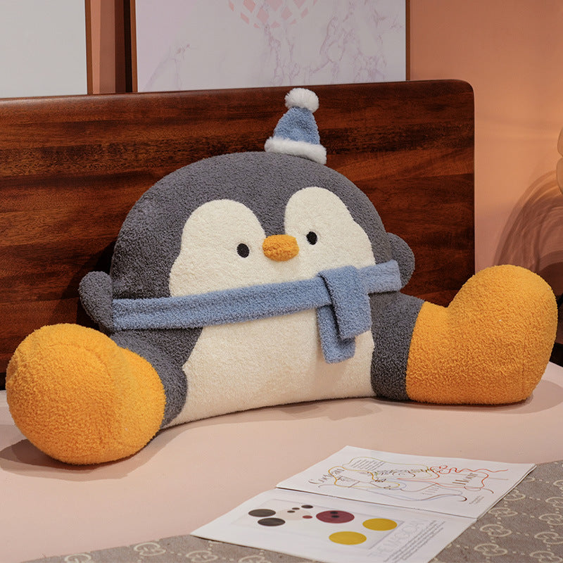 Cozy plush back reading pillow with armrests in penguin design